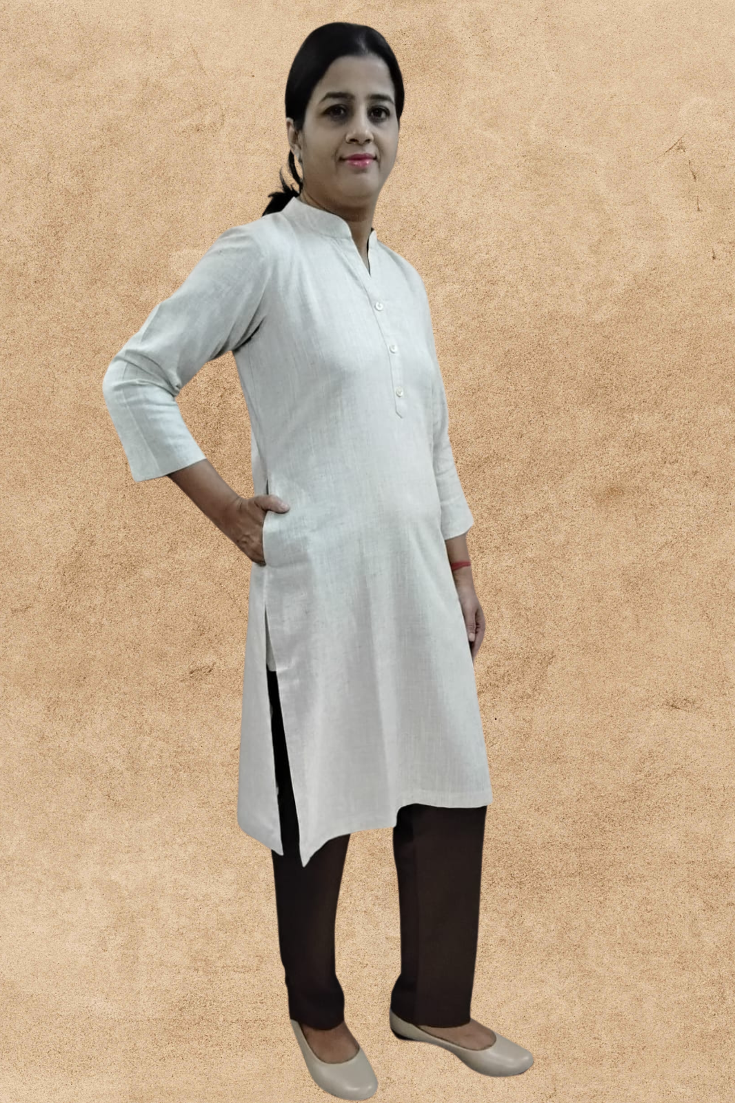 VISHIMA Pair of Cotton Linen Long Kurta (ECRU) and Trouser (Olive Green)