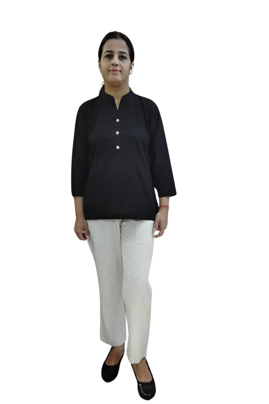 VISHIMA Cotton Linen Short Kurta (Black) and Trouser (ECRU) Set