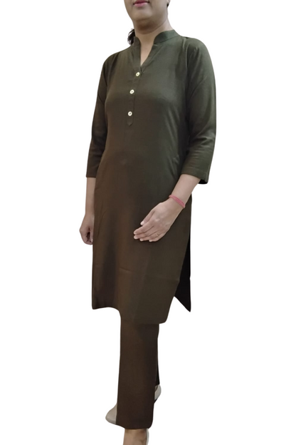 VISHIMA Cotton Linen Long Kurta and Trouser Co-ord Set (Olive Green)