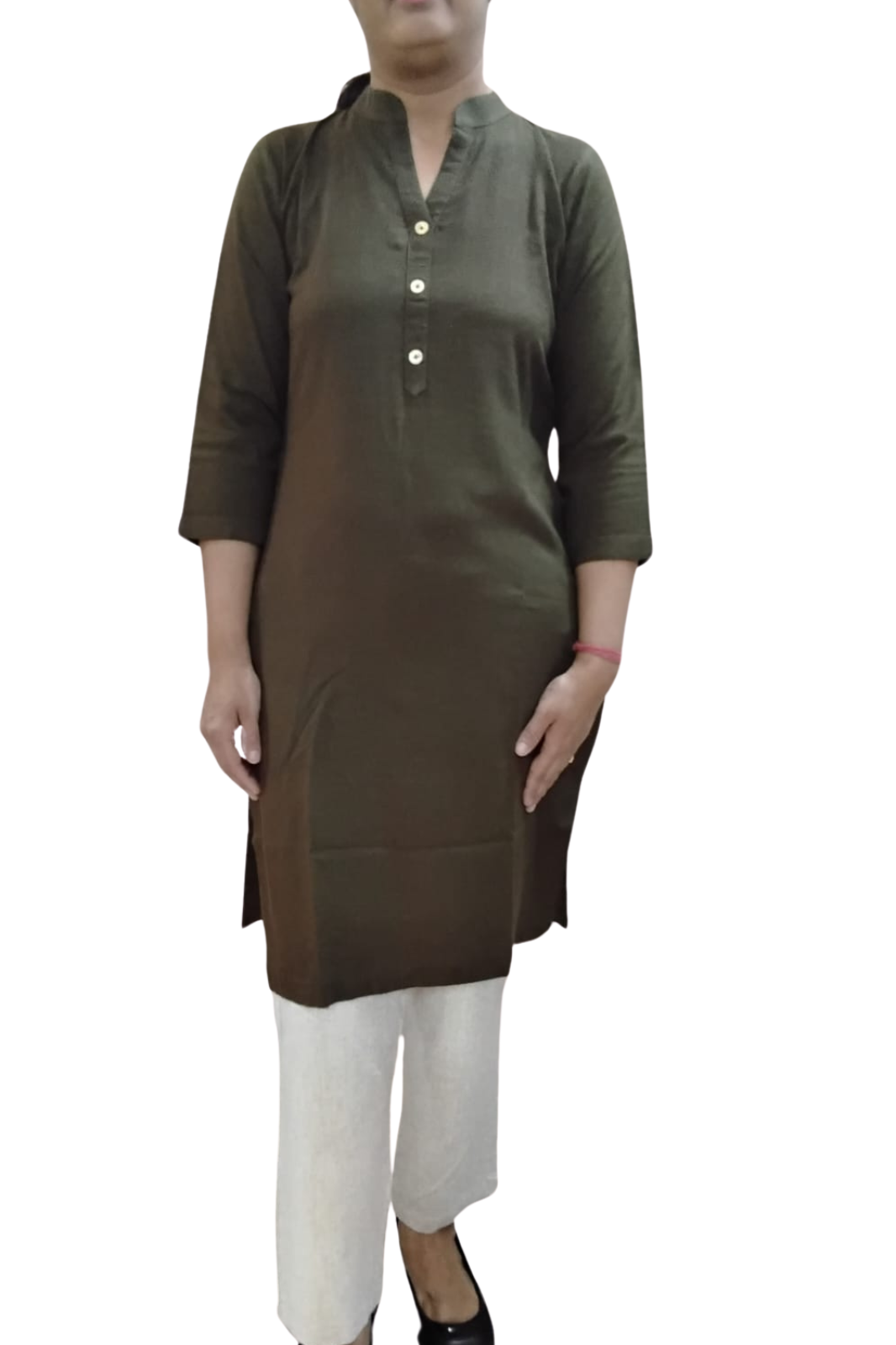 VISHIMA Pair of Cotton Linen Long Kurta (Olive Green) and Trouser (ECRU)