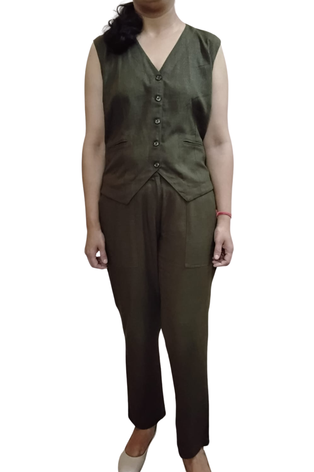 VISHIMA Cotton Linen Waistcoat And Trousers Co-ord Set - Olive Green