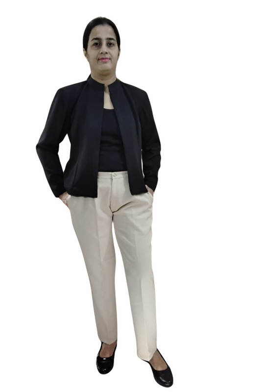 VISHIMA Set of Mandarin Collar Short Black Blazer and Beige Trouser