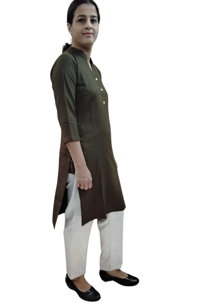 VISHIMA Cotton Linen Long Kurta (Olive Green)