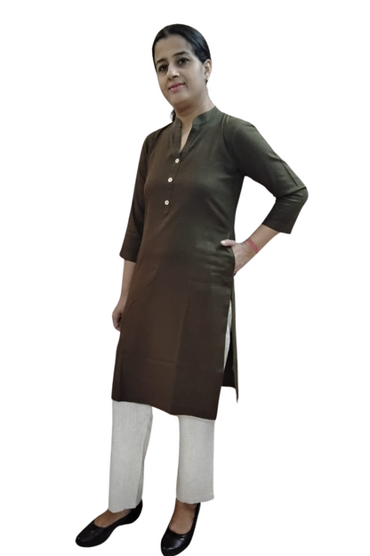 VISHIMA Cotton Linen Long Kurta (Olive Green)