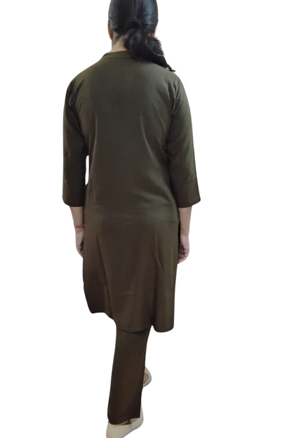 VISHIMA Cotton Linen Long Kurta and Trouser Co-ord Set (Olive Green)