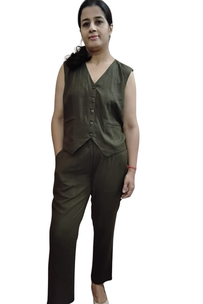 VISHIMA Cotton Linen Waistcoat  - Olive Green