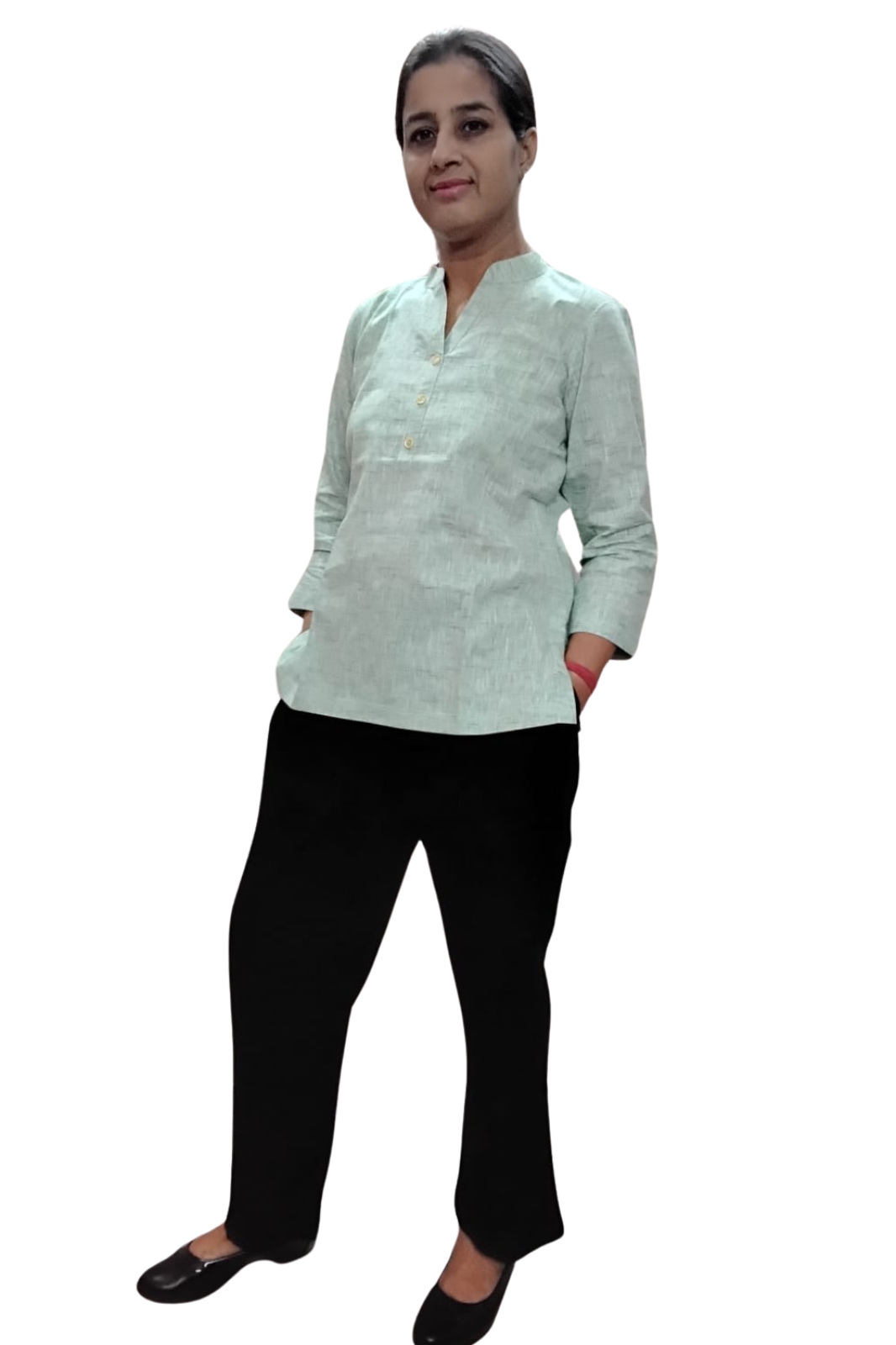 VISHIMA Cotton Linen Short Kurta (Green) and Trouser (Black) Set