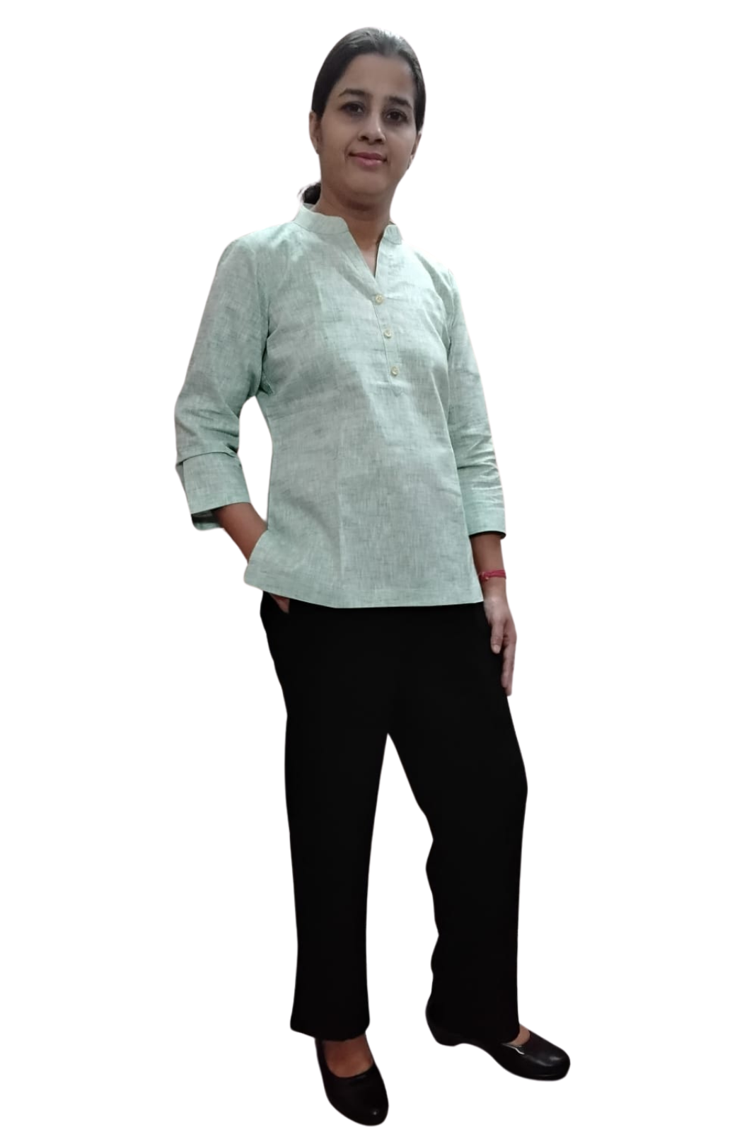 VISHIMA Cotton Linen Short Kurta (Green) and Trouser (Black) Set