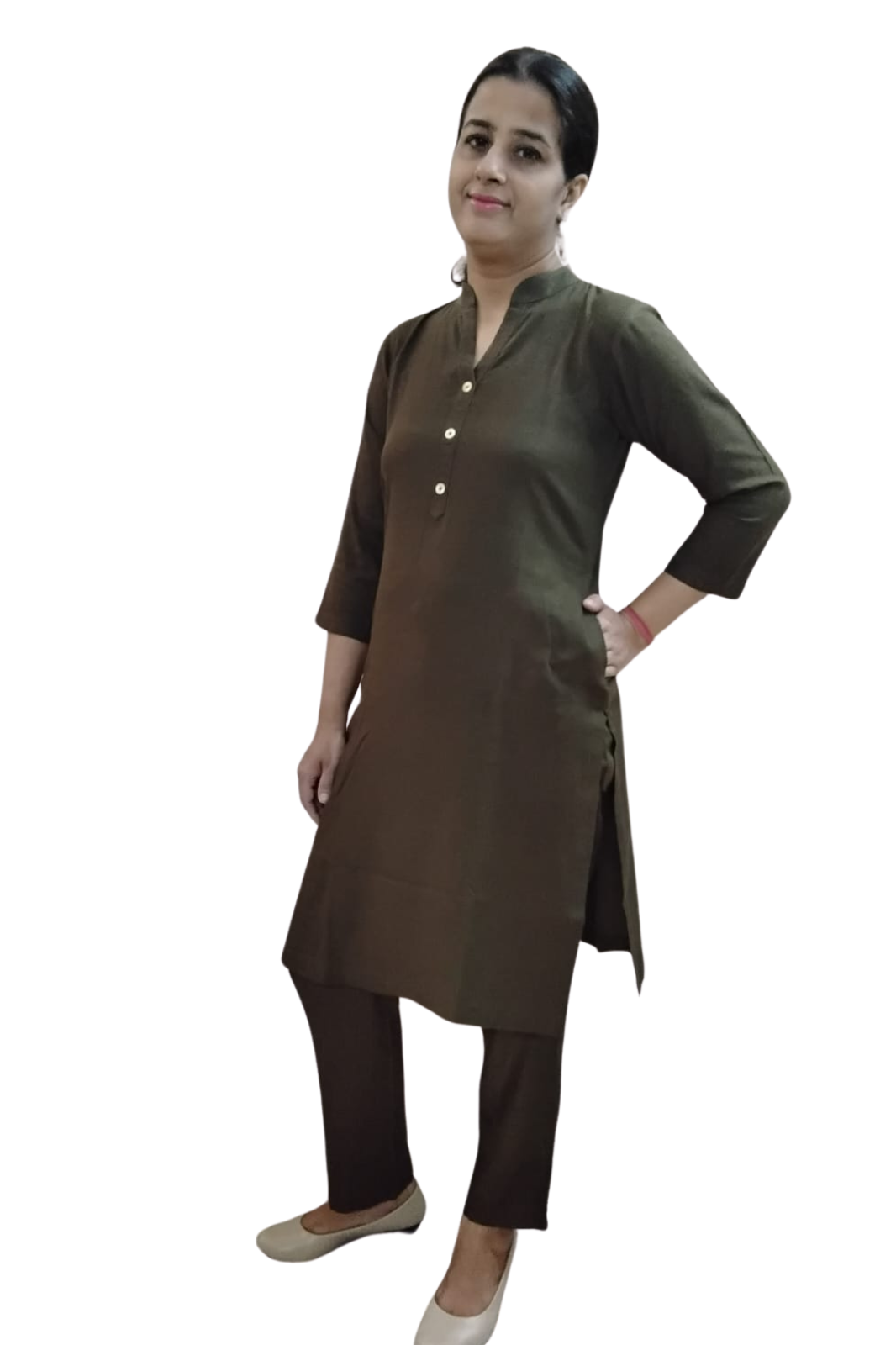 VISHIMA Cotton Linen Long Kurta and Trouser Co-ord Set (Olive Green)