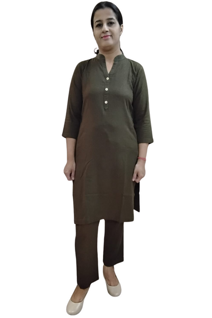 VISHIMA Cotton Linen Long Kurta and Trouser Co-ord Set (Olive Green)