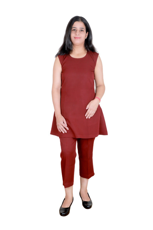 VISHIMA Stylish Thigh Length Tunic with Trouser Co-ord Set - RED